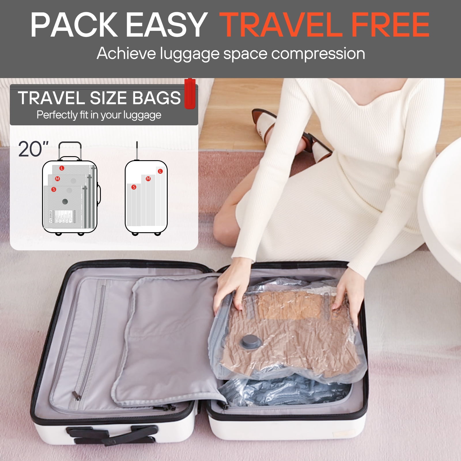 Vacbird 16 Pack Travel Vacuum Storage Bags for Luggage, Vacuum Packing Seal Bags for Clothing, Carry-on Size Space Saver Compression for Clothes Travel(No Pump)