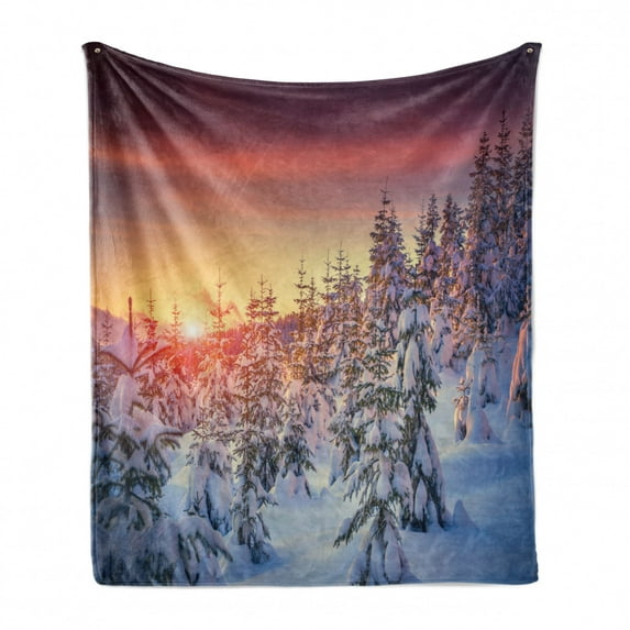 Winter Soft Flannel Fleece Throw Blanket, Snowy Landscape at Gloomy Sunrise Scenery in Mountain Forest Serene Nature Photo, Cozy Plush for Indoor and Outdoor Use, 50" x 70", White Red, by Ambesonne