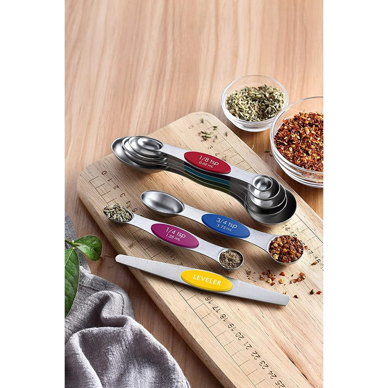 Spring Chef Magnetic Measuring Spoons Set, Dual Sided, Stainless Steel,  Fits in Spice Jars, Red, Set of 8
