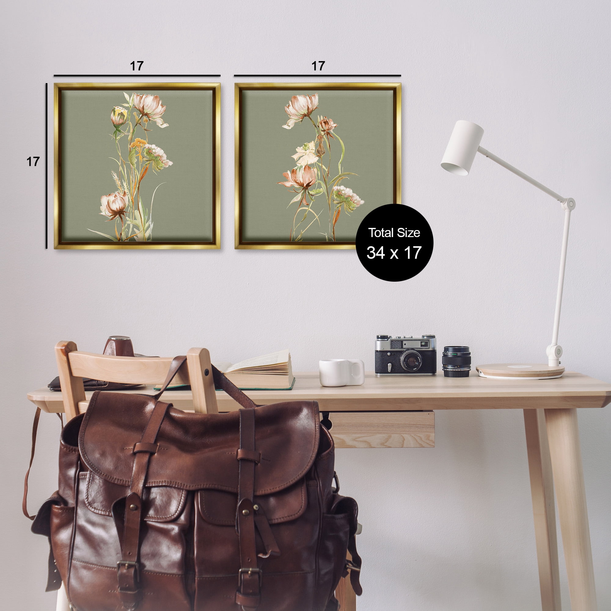 Stupell Industries Classic Blooms on Green Botanical & Floral Painting Gold Floater Framed Canvas Art Print Wall Art, 18 x 18, Set of 2