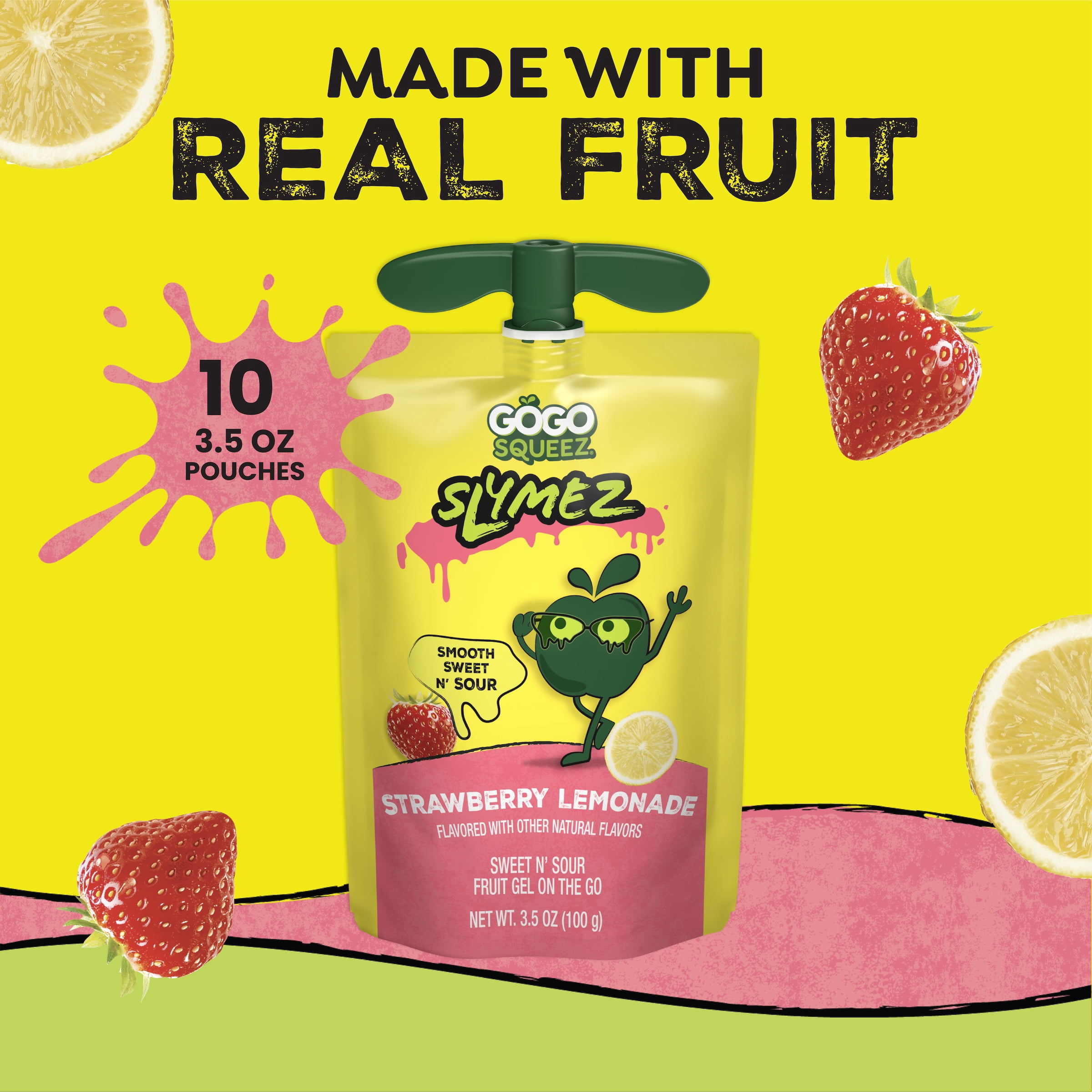 GoGo squeeZ No Sugar Added Strawberry Lemonade SlymeZ Fruit Gel On The Go, 3.5 oz (10 Pack)