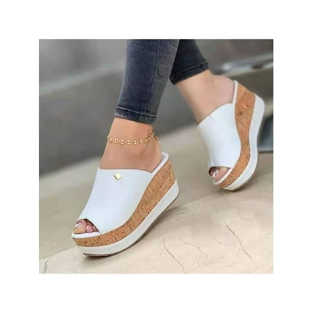 

SIMANLAN Ladies Platform Slides Peep Toe Wedge Sandals Summer Slide Slippers Womens Fashion Mules Women Comfort Casual Shoes White 6.5