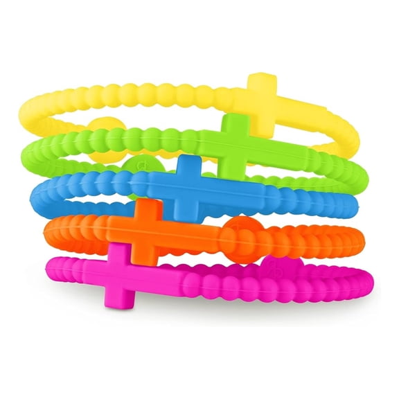 Lashicorn Silicone Cross Bracelets for Girls 5 Pack pcs Big Pack Bulk Neon Bright Colors Jesus Eternal Life Bracelet Adult for Women Pink Yellow Green Blue