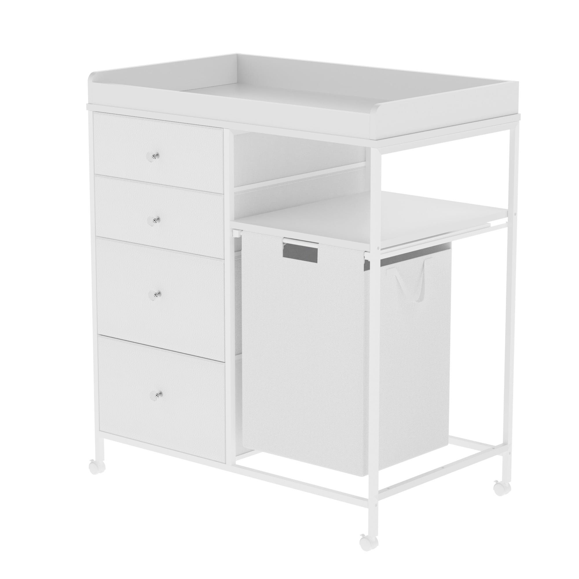 NEBZHASK Changing Table Dresser, Baby Dresser with 4 Drawers & Laundry Hamper, Mobile Diaper Changing Station with Wheels, Anti-Tipping, White