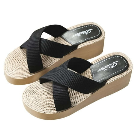 

Honeeladyy Clearance under 5$ Summer Ladies Grass Slippers High Heel Beach Shoes Cross Strap Slippers