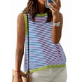 thumbnail image 2 of Womens Summer 2025 Casual Striped Color Block High Neck Tank Top Loose Knit High Low Sleeveless Shirts Green M, 2 of 6