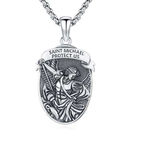 925 Sterling Silver Oval St Michael Medal Necklace for Men Archangel Michael Pendant with Ribbon Inscription, Catholic Religious Amulet Gift for Military Police Law Enforcement Firefighter