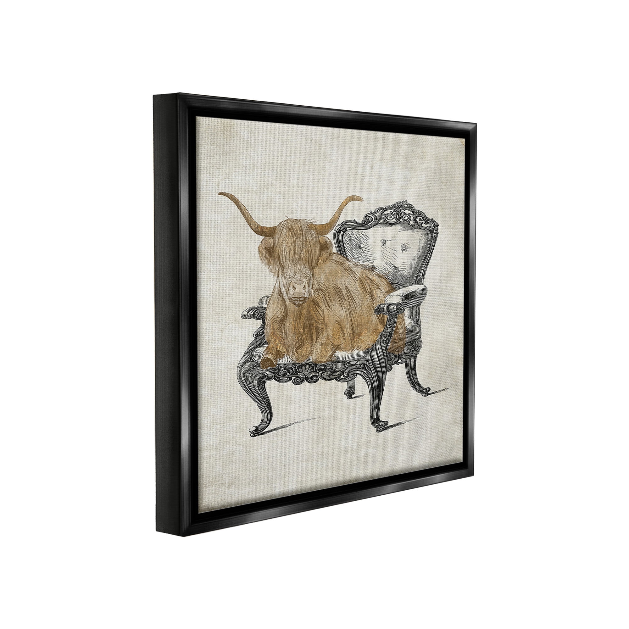 Stupell Industries Longhorn & Vintage Armchair Animals & Insects Painting Black Floater Framed Canvas Art Print Wall Art, 25 x 25