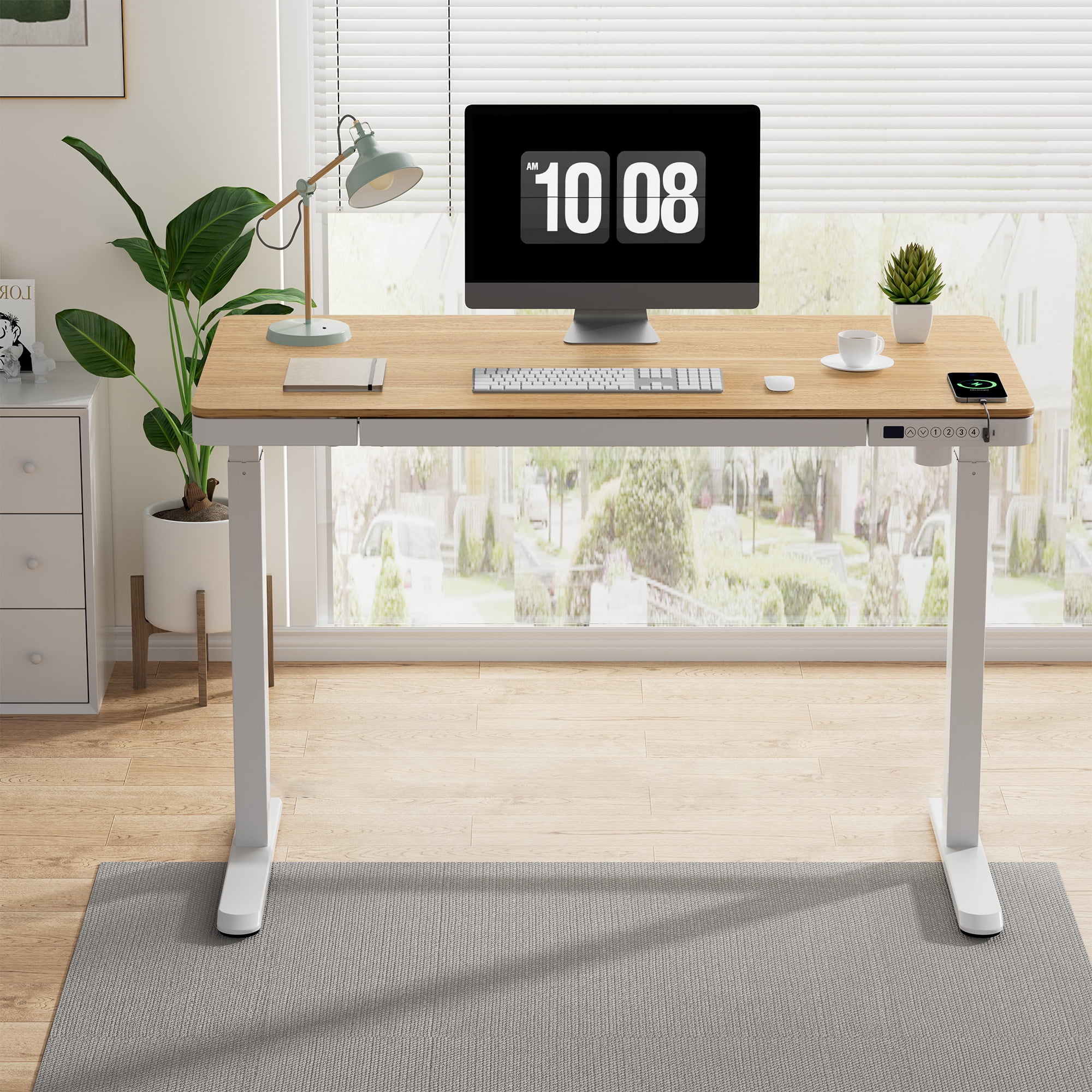 FLEXISPOT 48" W Home Office Height Adjustable Standing Desk White and Maple with USB Charge Ports and Embedded Drawer