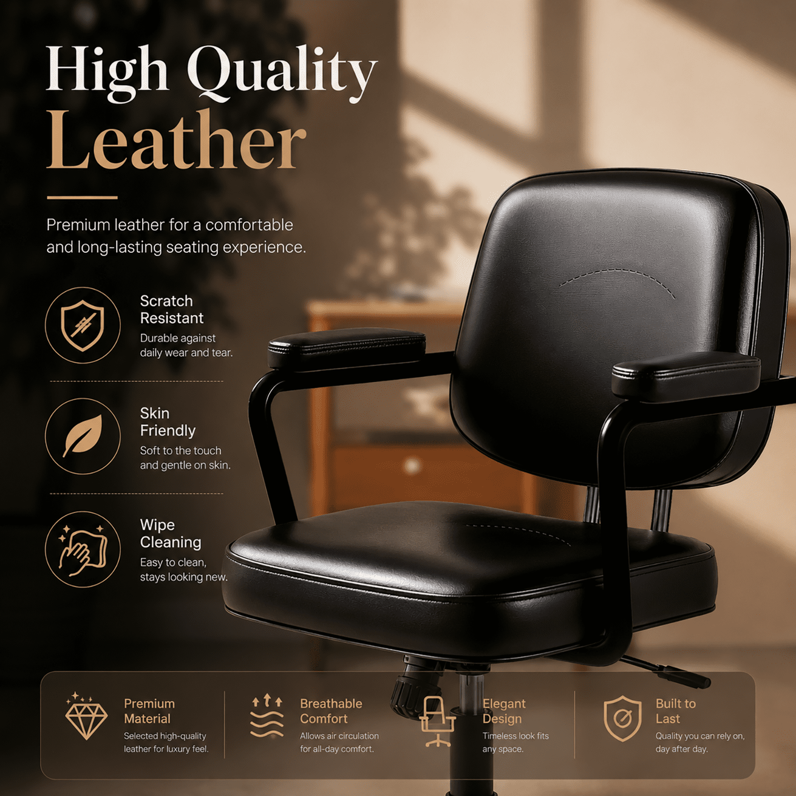 Ergonomic Office Chair, PU Leather Executive Desk Chair with Fixed Armrests, Adjustable Height, Rocking Function, 360° Swivel Rolling Wheels Black