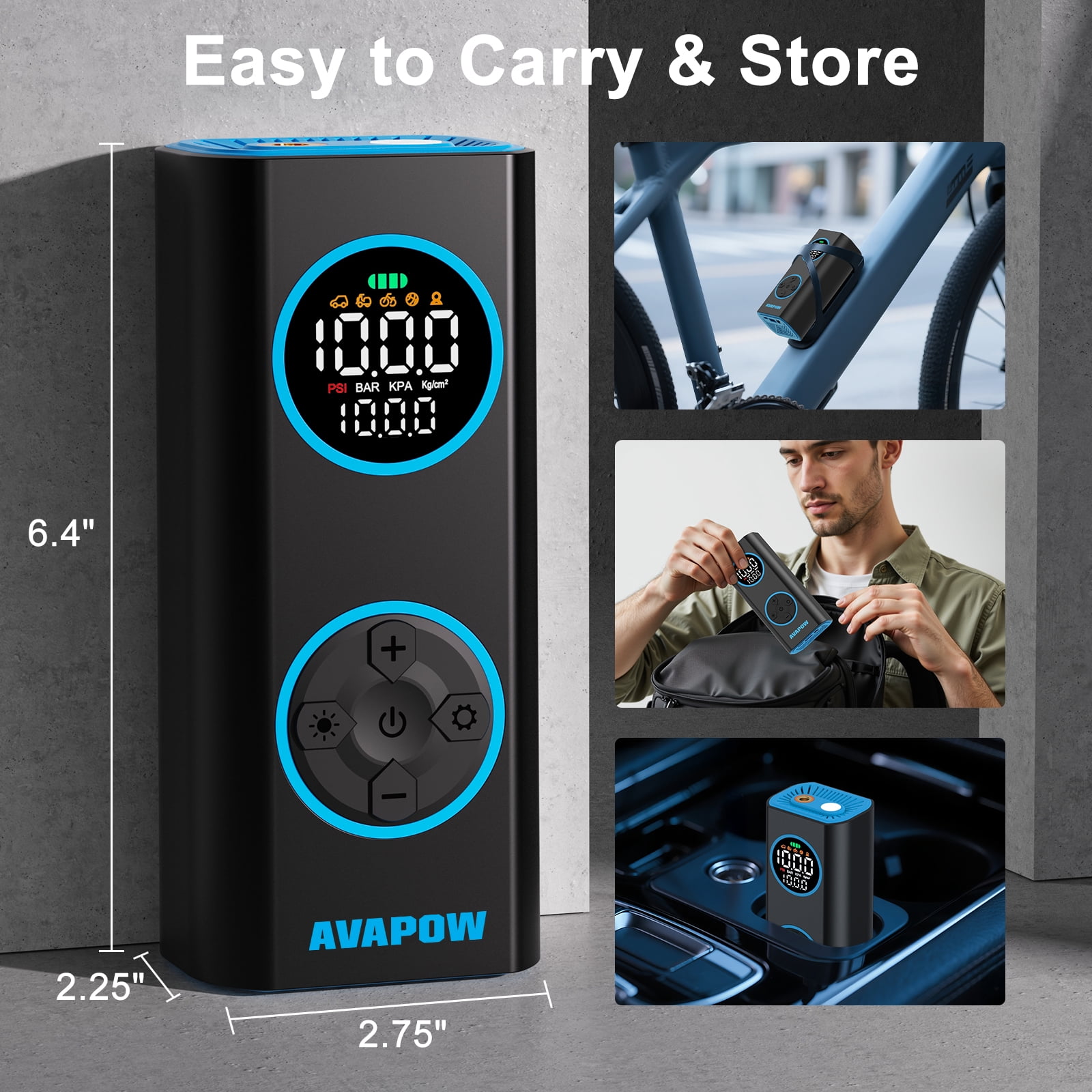 AVAPOW Tire Inflator, Portable Air Compressor 150PSI, Cordless Air Pump for Car Tires with Digital Gauge, Auto Shut-Off, for Car, Bike, Motorcycle Balls