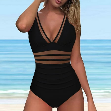 BSDJILFG One Piece Swimsuit Women Clearance High Waisted Mesh Breathable Swimwear Push Up V-Neck Cutout Bodycon Bathing Suits with Padded Bra