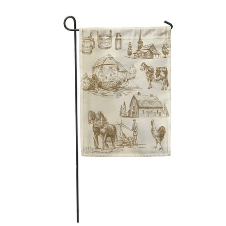 KDAGR Green Barn Rural Landscape Farm Hand Drawn Watermill Vintage Milk Old Sketch Garden Flag Decorative Flag House Banner 12x18 inch