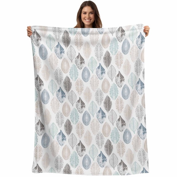 Minimalist Geometric Leaf Pattern Throw Blankets, Blue Brown Gray Soft Fleece Blanket Decorative for Home Sofa Couch Chair Living Bedroom, 60x80 inches,