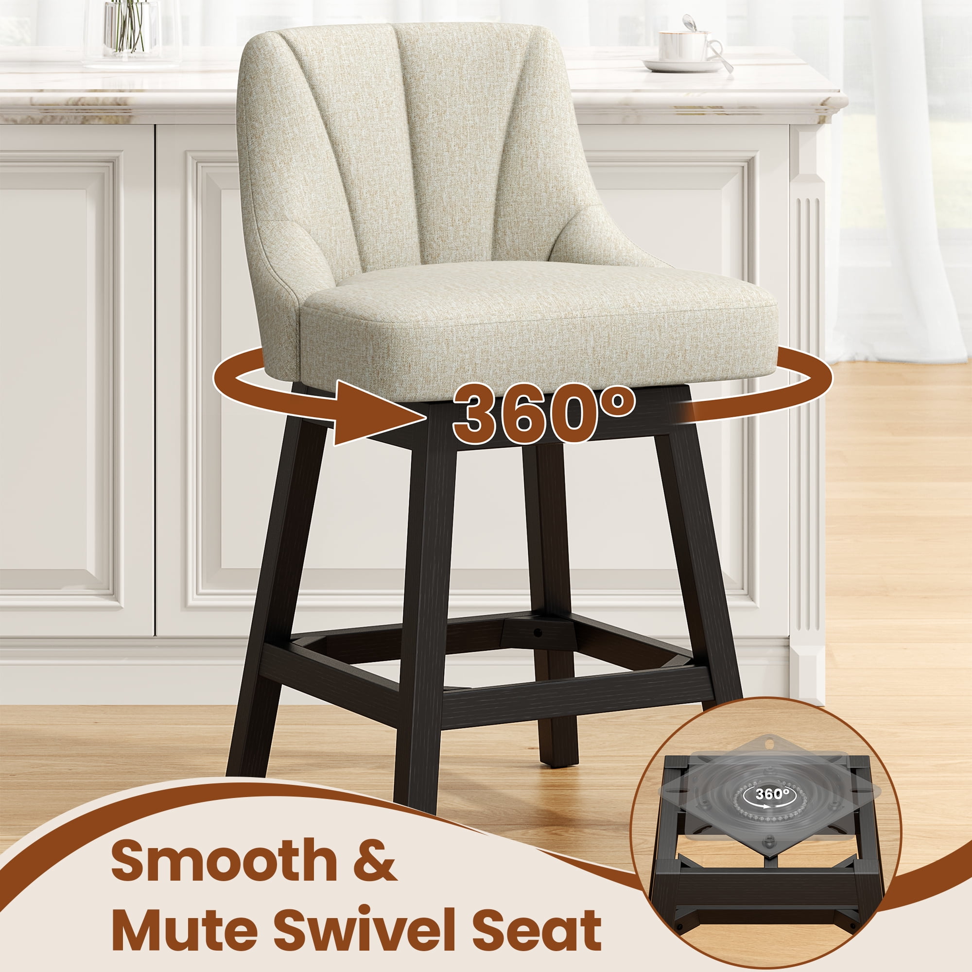 LainTene 26" Swivel Bar Stools with Backs, 26" Counter Height Bar Stools, Extra Upholstered Counter Barstools with Square Solid Wood Legs for Kitchen Island, Dining Room