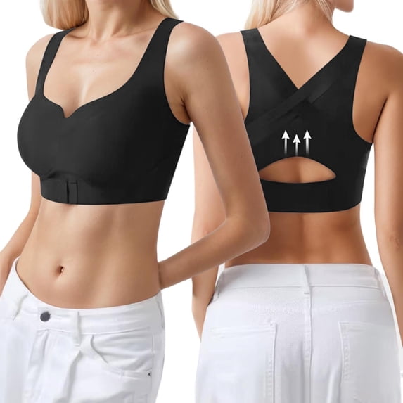 Elara Women’s Front Closure Push Up Bra Lifting Anti-Droop Wirefree Bra, Back Smoothing Posture Support for Daily Wear Black S