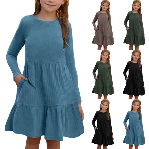 HaiMao Big Girls Long Sleeve Spring Fall Dresses with Pockets Ribbed Knit Casual Crew Neck Knee Length Sweater Dress Khaki 13 Years