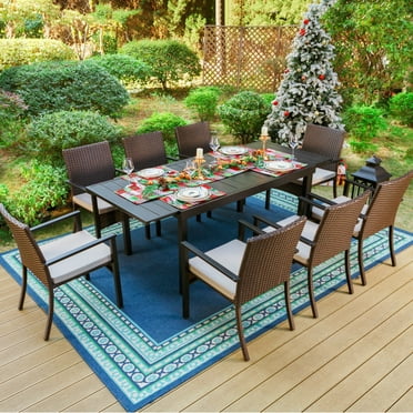 MF Studio 9-Piece Outdoor Patio Wicker Cushioned Dining Set with Expandable Table for 8-Person, Black & Dark Brown