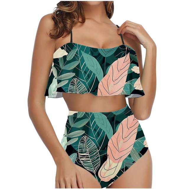 Qiopertar Clearance under $5 Women Print Strappy Back Set Two Piece Ruffled Bikini Swimsuits Set Saving Up To 90% Off Savings