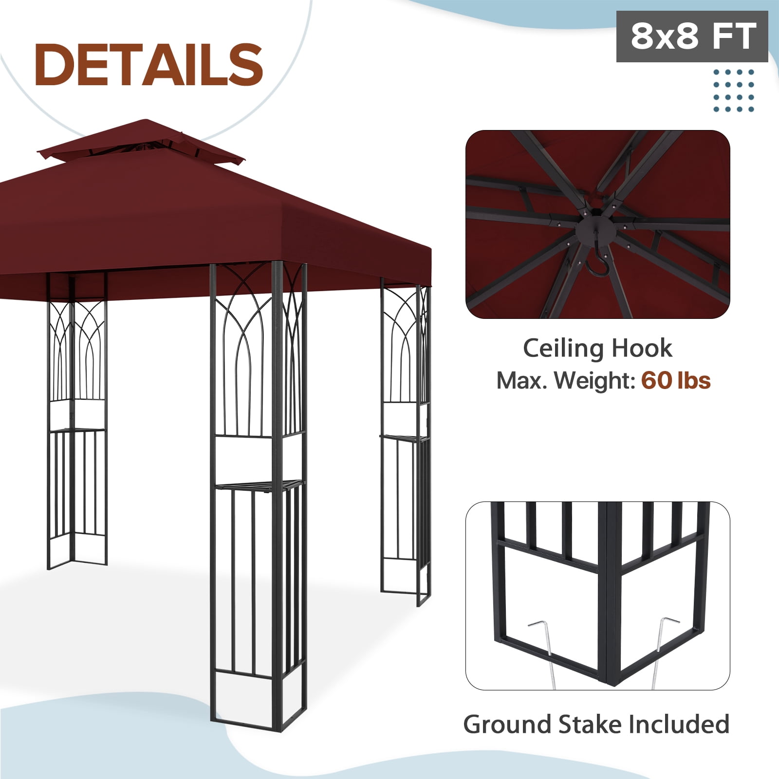 EAGLE PEAK 8 ft. x 8 ft. Outdoor Patio Gazebo with Double Roof,Red