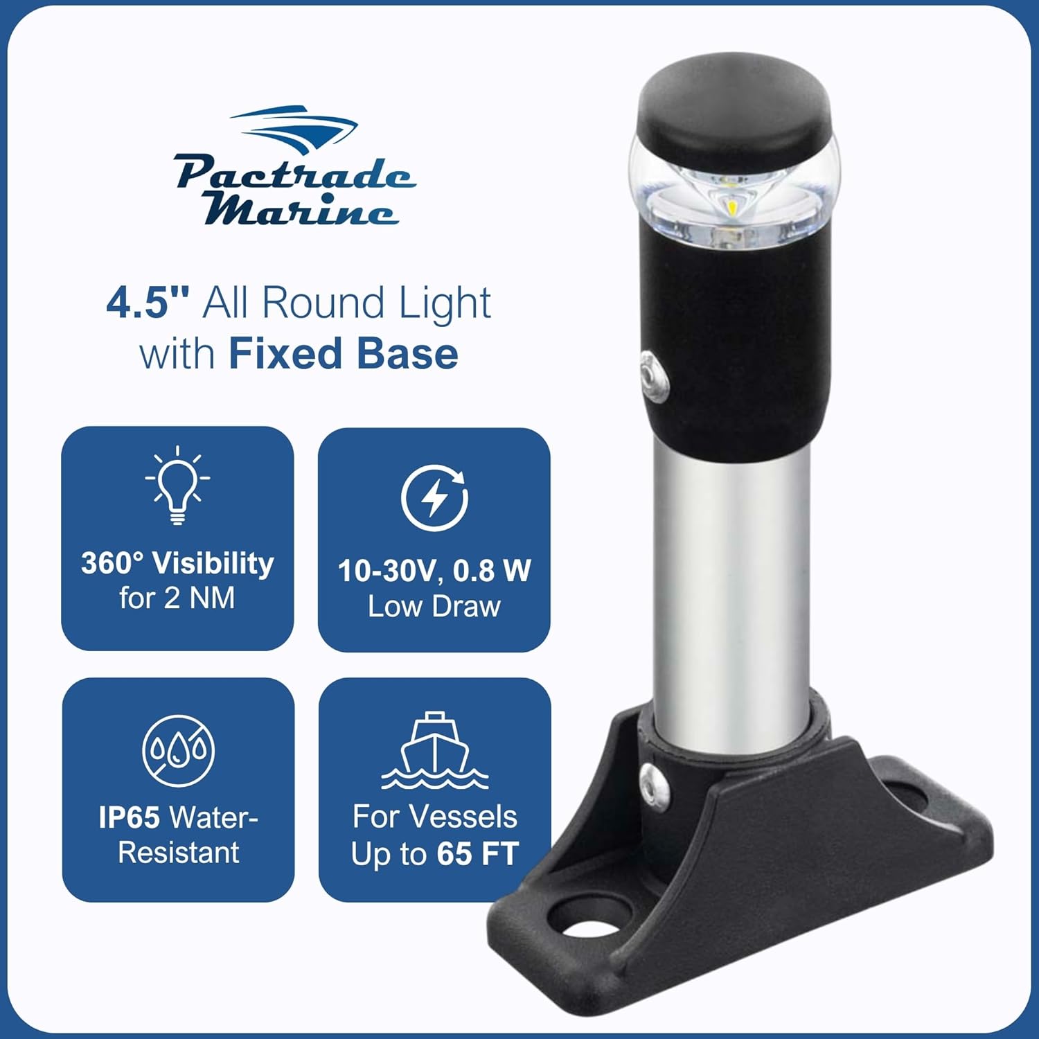 Pactrade Marine Navigation Lights for Boats LED - 4.5 Inch All-Round Stern Light (Fixed Base, Surface Mount) for Night Boating - 52-Lumen Pontoon, Kayak, Jon Boat Accessories (DC10-30V)