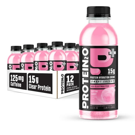 Protein2o 15g Whey Protein Isolate Hydration Drink Plus Energy & Focus, 350mg of Electrolytes, Vitamins B5 & B6, Sugar Free, Cotton Candy, 16.9 oz Bottle (Pack of 12)