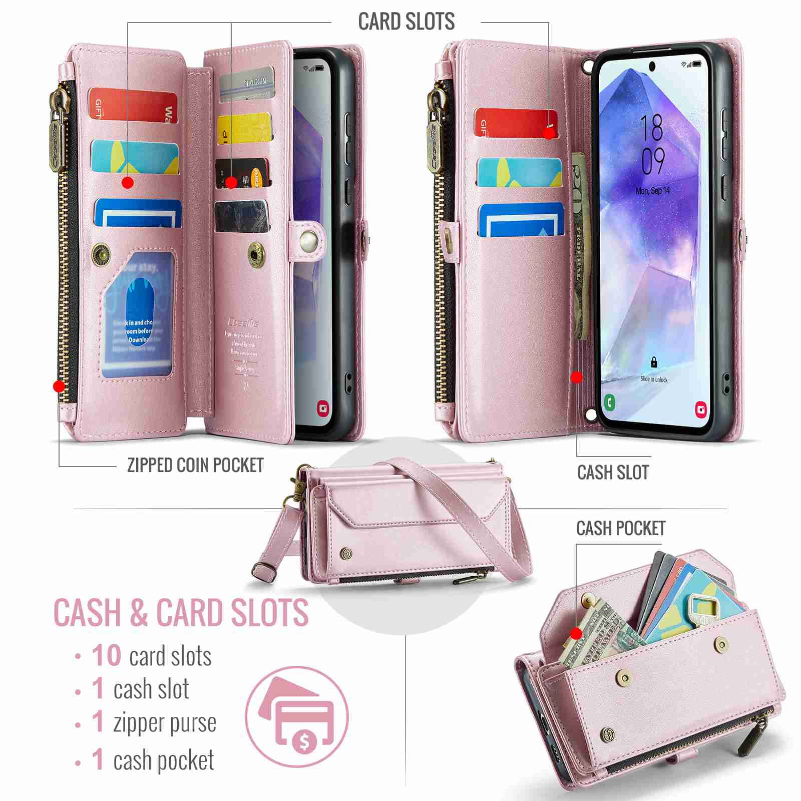 Dteck for Samsung A35 Case with RFID Blocking Wallet Case for Women Men, Shockproof PU Leather Magnetic Flip Strap Zipper Card Holder Phone Case,Pink