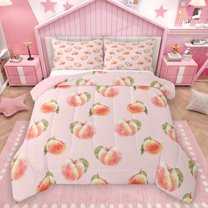 Homewish Sweet Peach Queen Comforter Set,Summer Fruit Bedding Sets,Pink Green Bedding Comforter Set For Teens,Ultra Soft Home Decor Reversible,3-Piece