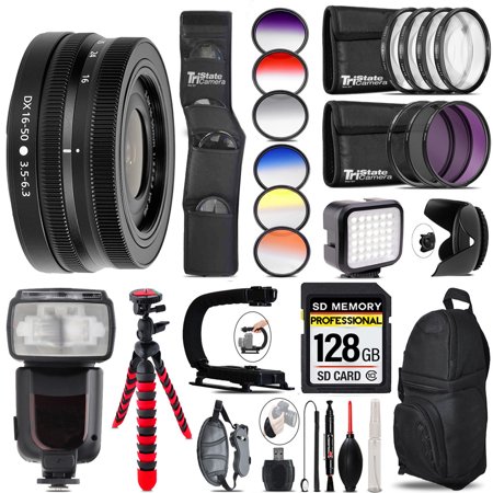 Nikon NIKKOR Z DX 16-50mm f/3.5-6.3 VR Lens (Black) + Pro Flash + LED Light - 128GB Accessory Bundle