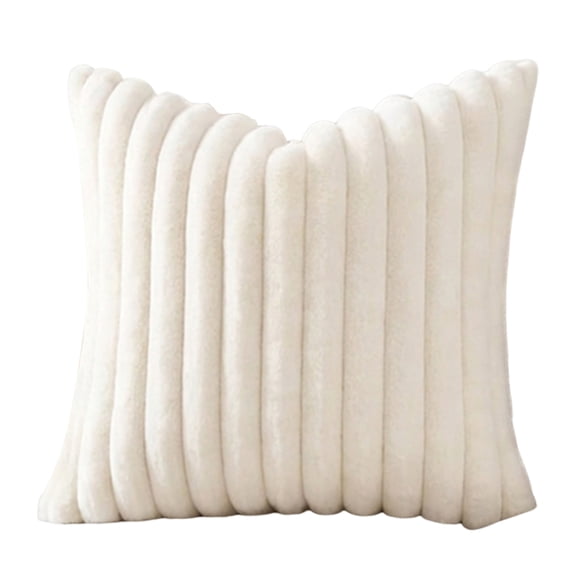 Plush Throw Pillow Cover, 18x18 Inch White Decorative Pillowcase for Couch Bed Sofa Living Room - Soft Fluffy Cushion Cover with Vertical Striped Design, No Insert Included