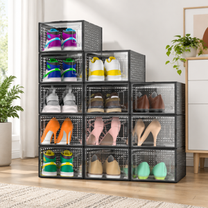 Black Large Stackable Clear Plastic Shoe Storage Boxes 12 Pack