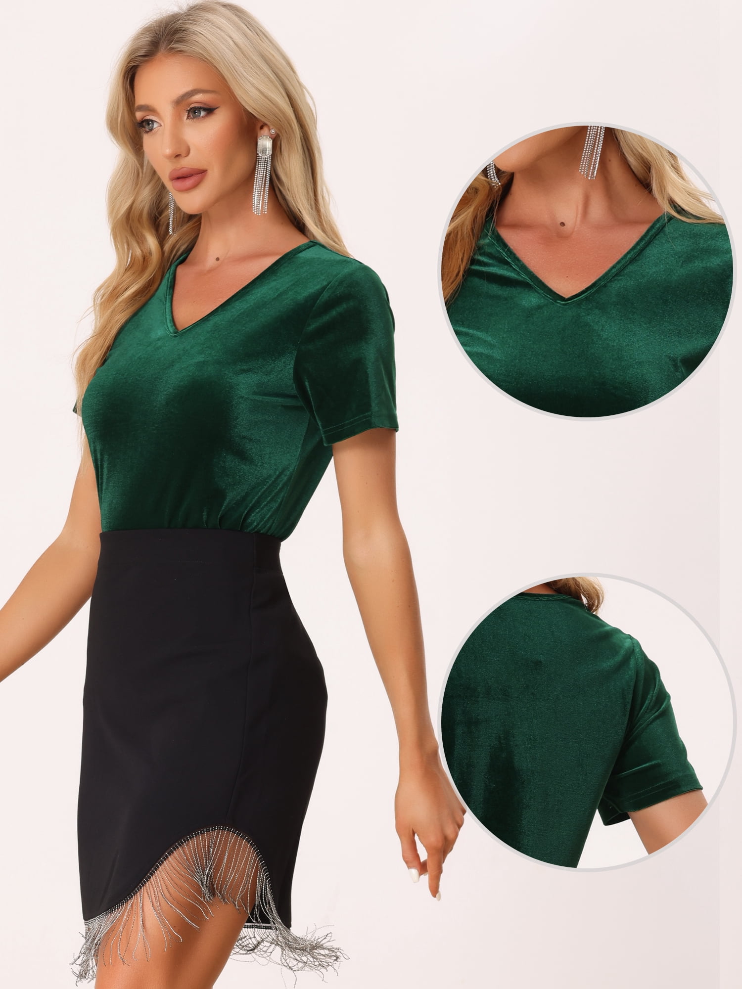 DARING DIVA Women's Velvet Top Short Sleeve Casual T-Shirt XL Green