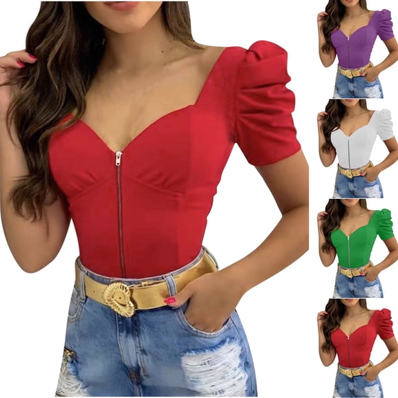 Swuxness Women Short Sleeve Casual T Shirts, Spring and Summer Short Tops, Ladies V-Neck Solid Color Comfortable Fashion Front Zipper Blouse Purple, L