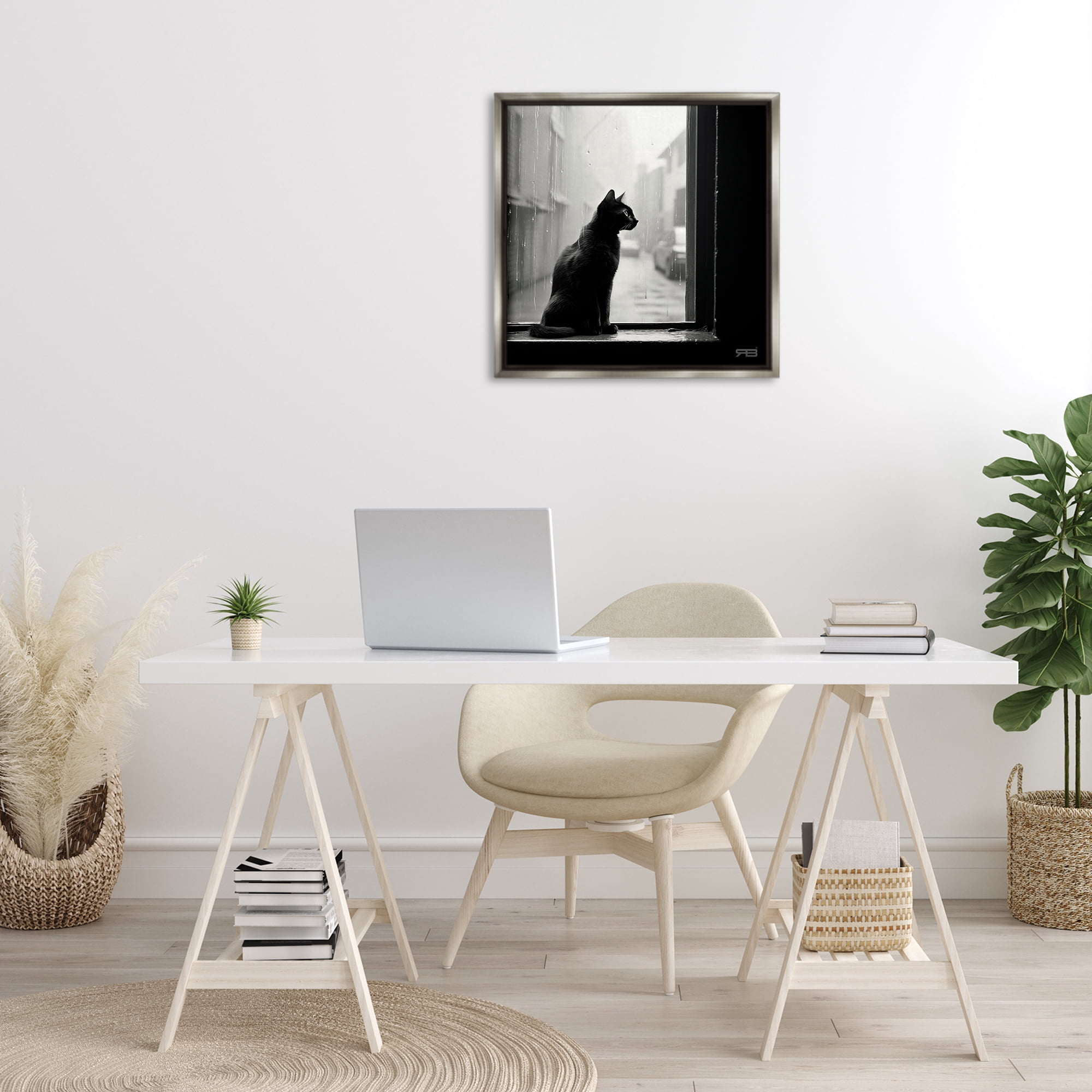 Stupell Industries Cat Gazing Rainy Window Animals & Insects Painting Gray Floater Framed Canvas Art Print Wall Art, 25 x 25
