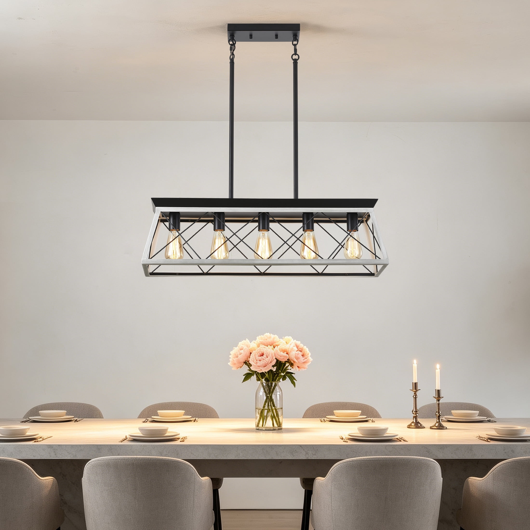 GDF Studio 5-Light E26 Farmhouse Chandelier, Rustic Kitchen Island Pendant Light with Adjustable Height, White