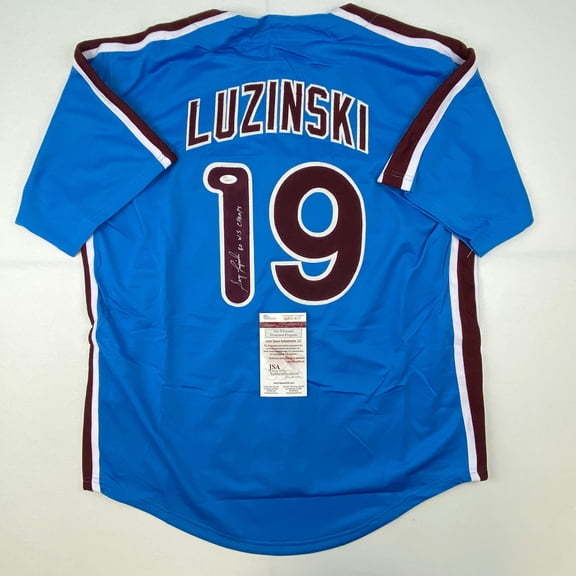 Autographed/Signed Greg Luzinski 80 WS Champs Philadelphia Retro Blue Baseball Jersey JSA COA