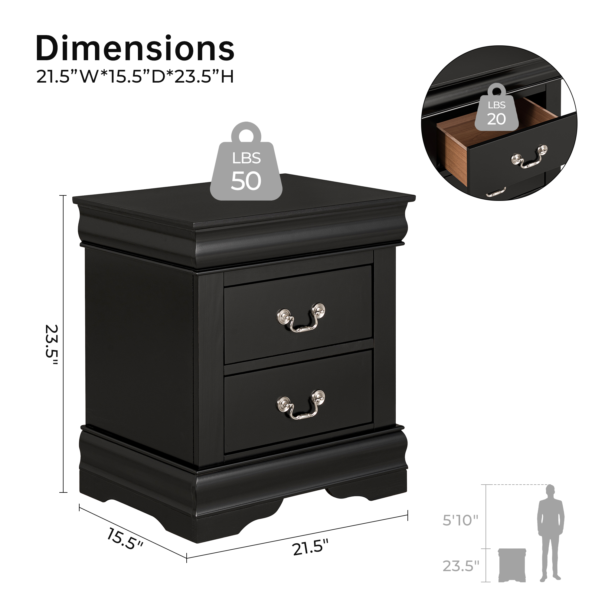 Leovanni Solid Wood Nightstand , End Table with Drawers and Metal Handles, No Assembly Required, For Bedroom, Living Room, Adult, Black