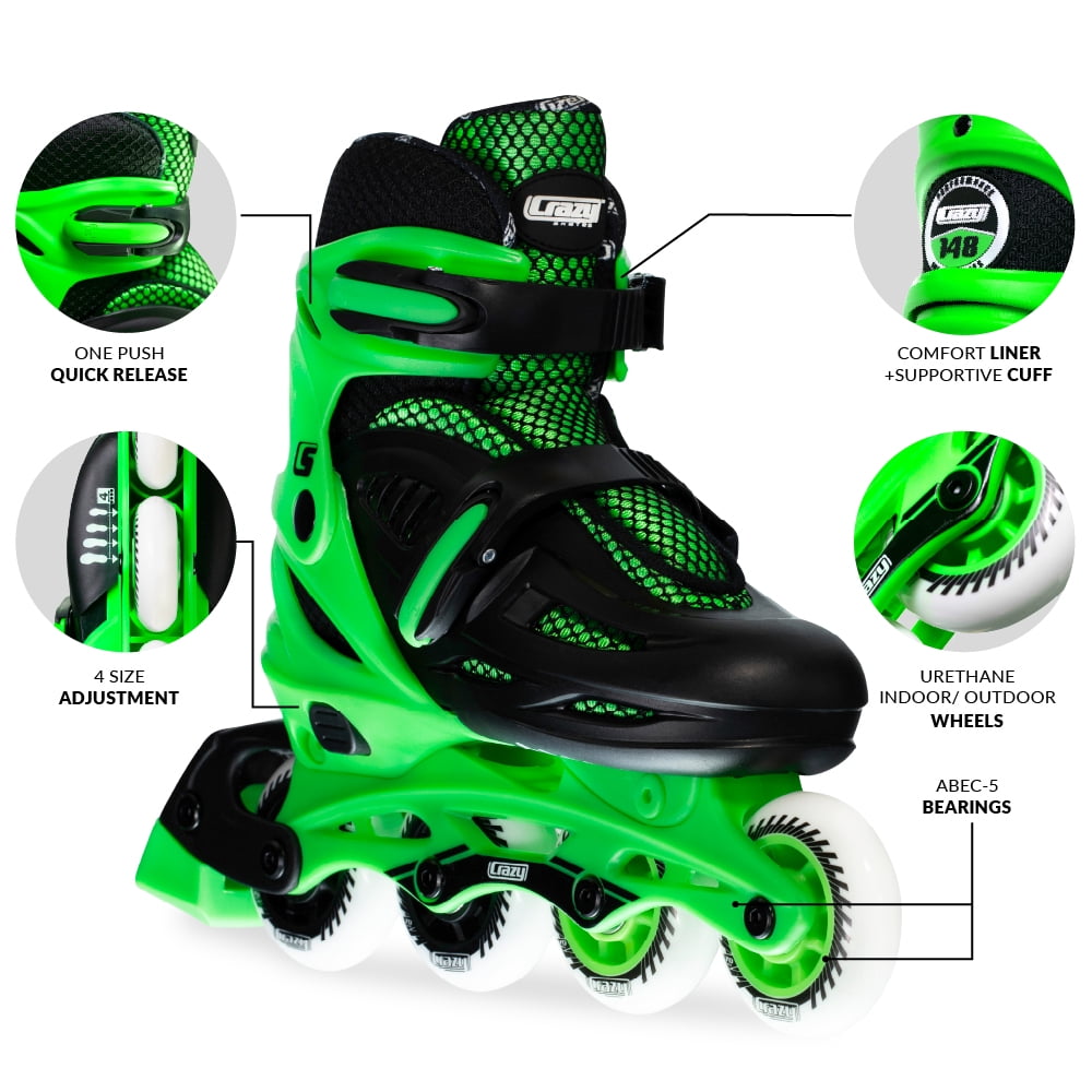 Crazy Skates Adjustable Inline Skates for Girls and Boys - Adjust to fit 4 Sizes