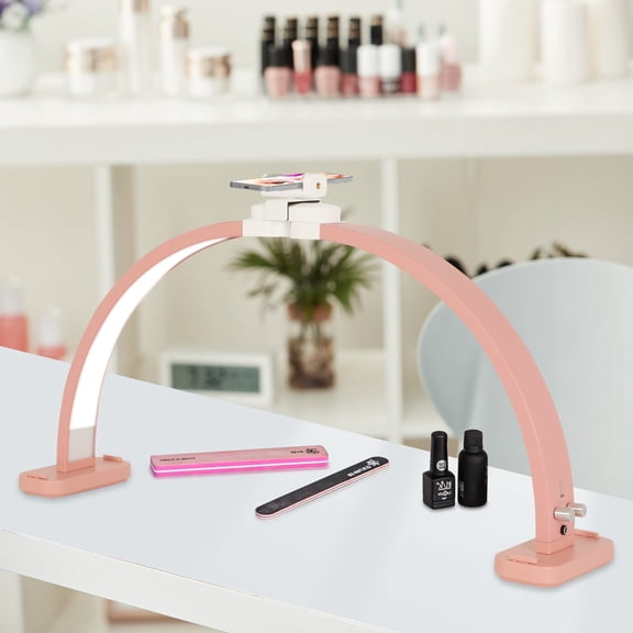 Upgraded 28-inch Foldable Half-Moon Light, Desk Lmap for Nail Desk with Phone Holder, LED Light for Manicure, Eyelash Extension, Tattooing, Craft, Pink