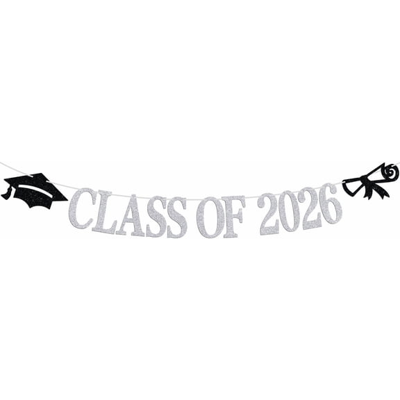 Class of 2026 Banner, Congrats Grad Bunting Sign for 2026 High School College Graduation Bachelor Master Party Decorations Supplies, Black and Silver Glitter