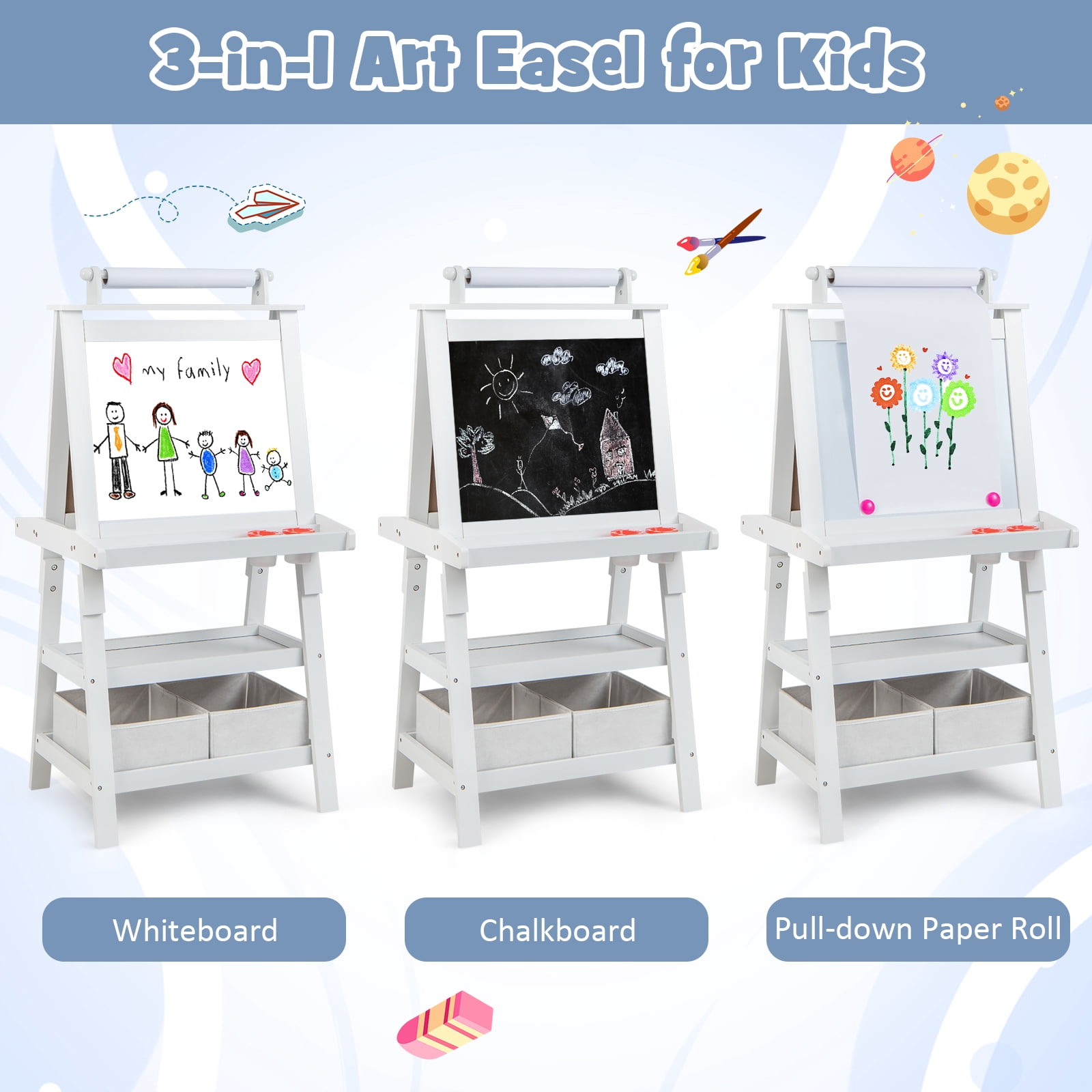 Infans Kids Art Easel Double Sided Chalkboard Magnetic Whiteboard w/ Storage Tray White