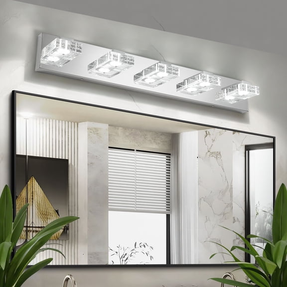 31 Inch Modern Chrome 5-Light LED Vanity Light Fixture, Square Acrylic Shade Wall Mount Bathroom Mirror Lighting, Hardwired