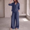 thumbnail image 5 of VBTAPA Two Piece Lounge Sets for Women Summer Vacation Beach Travel Outfits 3/4 Length Sleeve V Neck Tops and Wide Leg Pants Set Navy M, 5 of 8