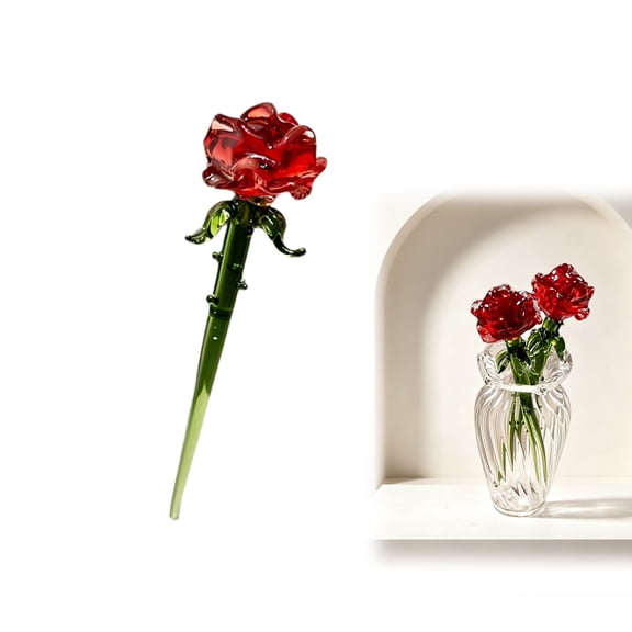 CoreLiving Handmade Crystal Rose Flower Figurine, Red Glass Flowers Bouquet Ornament, Elegant Crystal Flowers Home Decor Gift For Wife Girlfriend Women