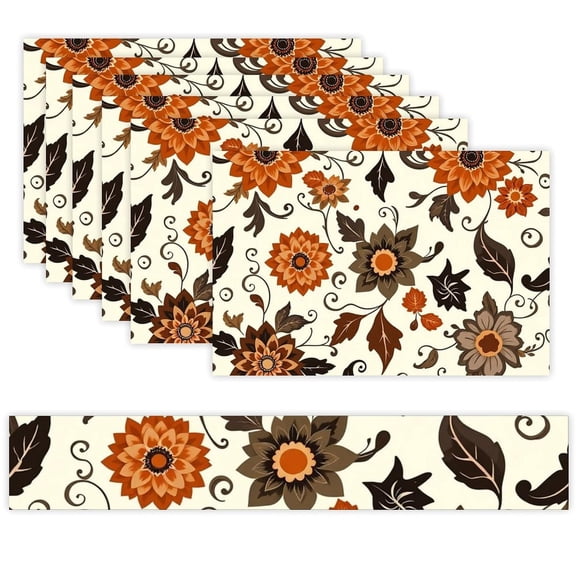 7 Piece Linen Table Runner and Placemats Set, Autumn Leaf Pattern Round Corner Heat Resistant Washable Table Mats for Home Kitchen Dining Party Decoration