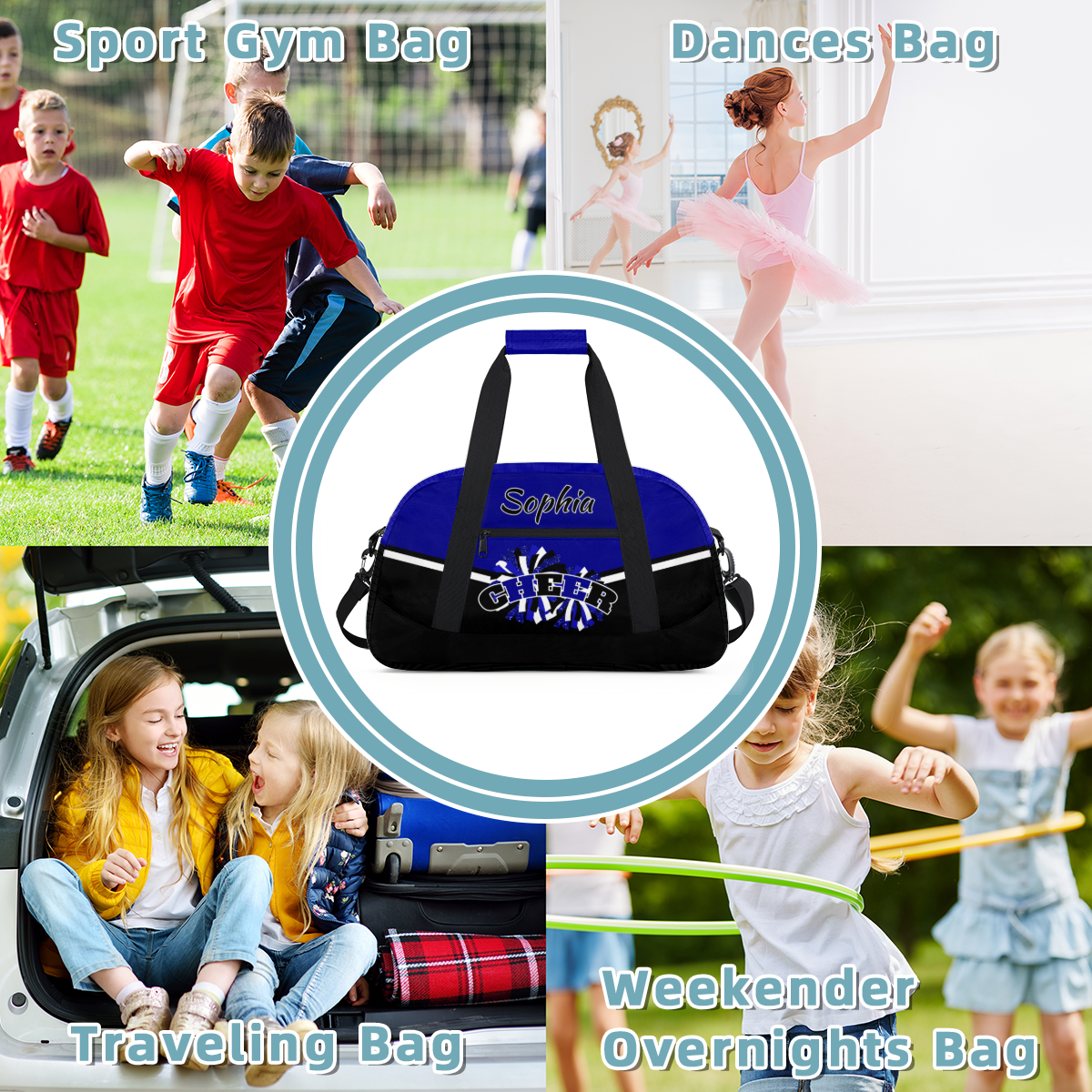 Jiaoprinted Personalized Cheer Bag, Custom Sport Duffel Bag with Name, Customized Cheerleader Dance Bag, Sport Gym Bag Overnight Weekender Bags, Blue