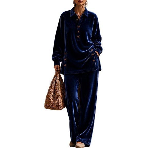Szluipve 2 Piece Sets for Women Velvet 2 Piece Outfit Lapel Collar Button Long Sleeve Tunic Tops Drawstring Wide Leg Pants Loose Casual Loungewear Tracksuit Set Navy 2XL