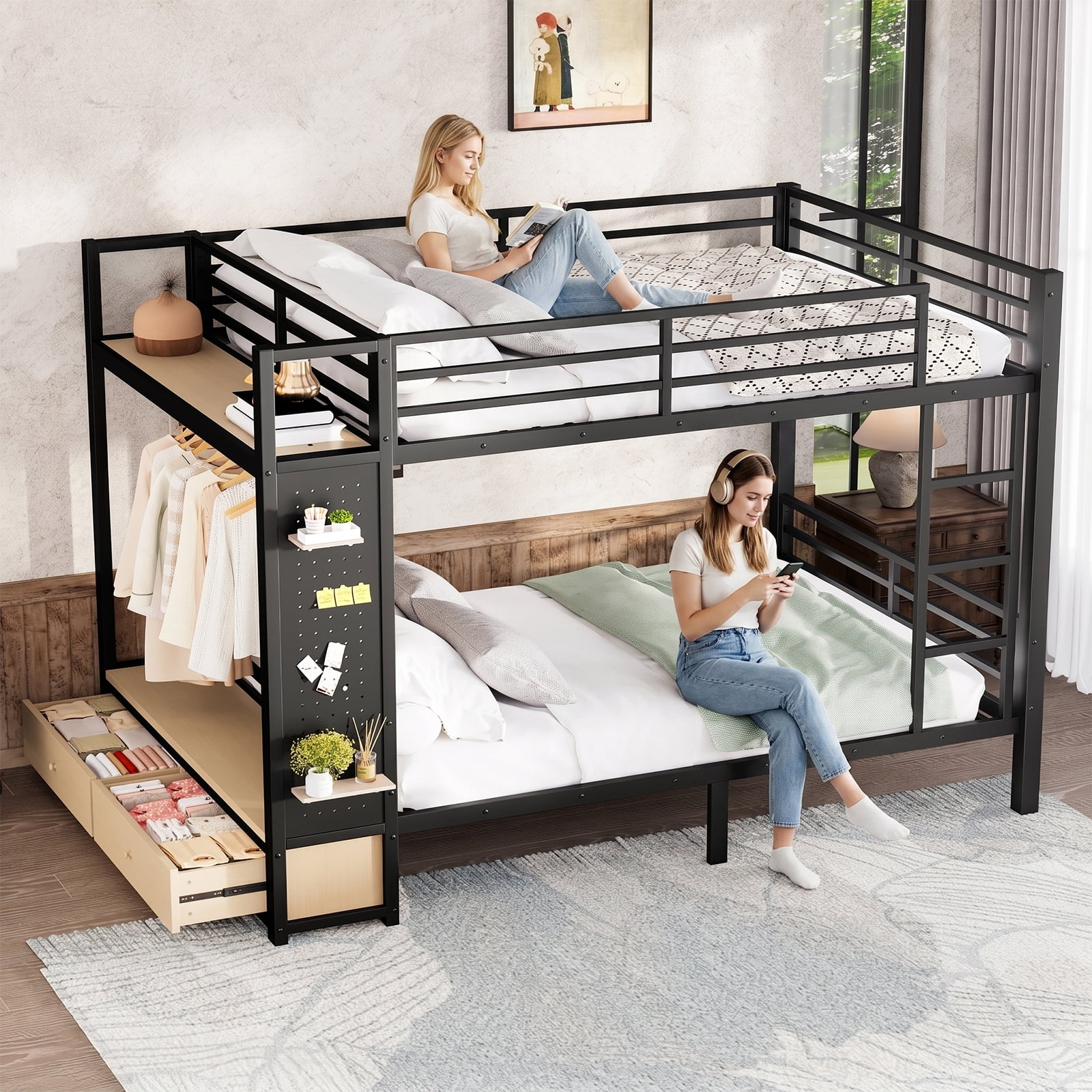 Mintazer Queen Over Queen Metal Bunk Bed with Pegboard and 2 Storage Drawers & 2 Wardrobe Shelves, Heavy Duty Platform Bed with Safety Guard Rails for Bedroom Dorm, Black