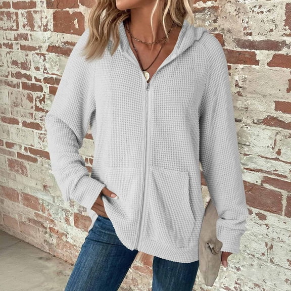 Women's Full Zip Up Hoodies Waffle Knit Long Sleeve Sweatshirt Tops, S
