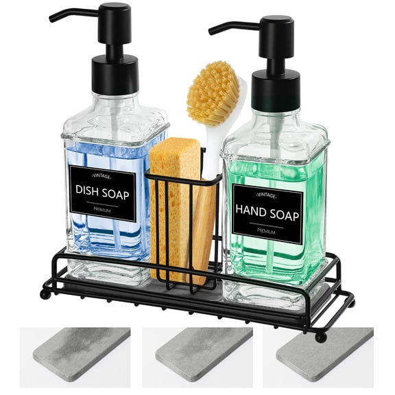 GM GMISUN Kitchen Soap Dispenser Set with Sponge Holder, 10 oz  Clear Glass Hand and Dish Dispensers with Diatomaceous Earth Tray